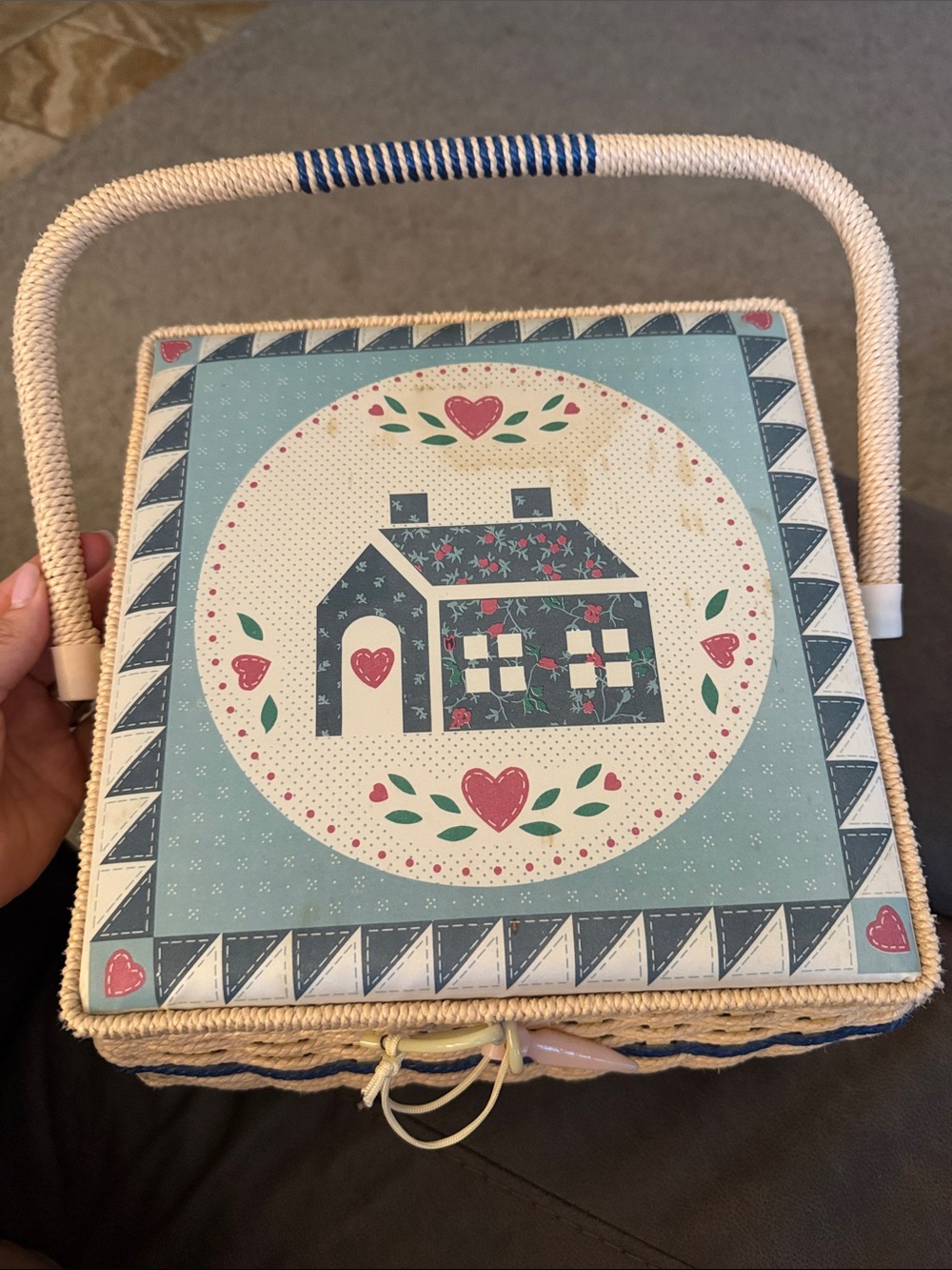 Decorative Country Cottage Sewing Basket - Blue and Cream